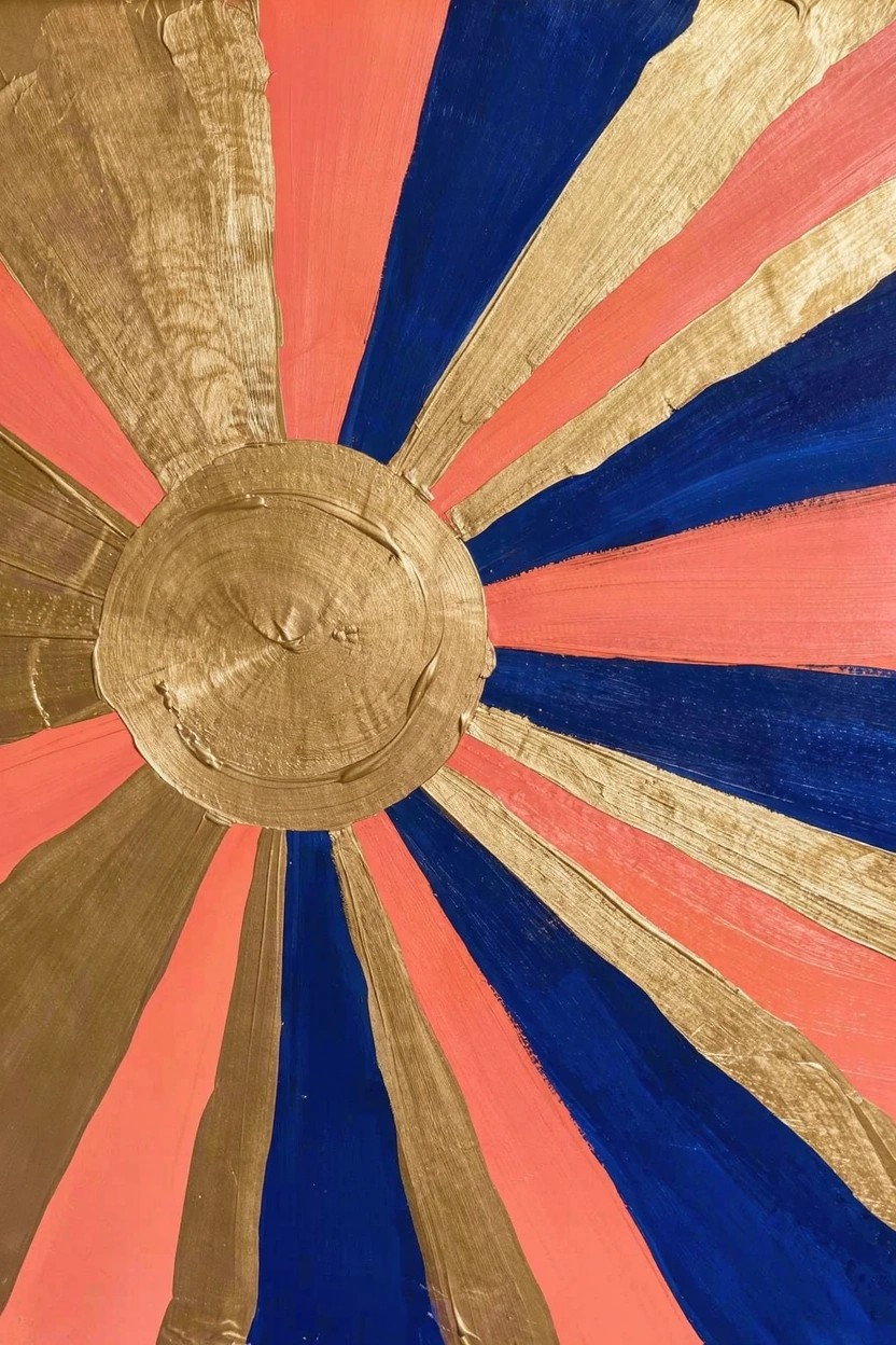 Abstract acrylic painting featuring a central golden circle with radiating stripes in pink, navy blue, and gold.