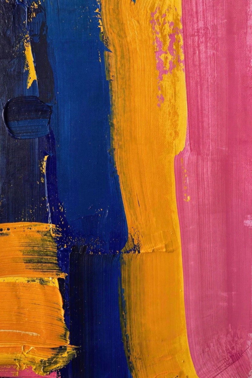 Abstract acrylic painting featuring vertical stripes in blue, yellow, orange, and pink with textured brushwork.