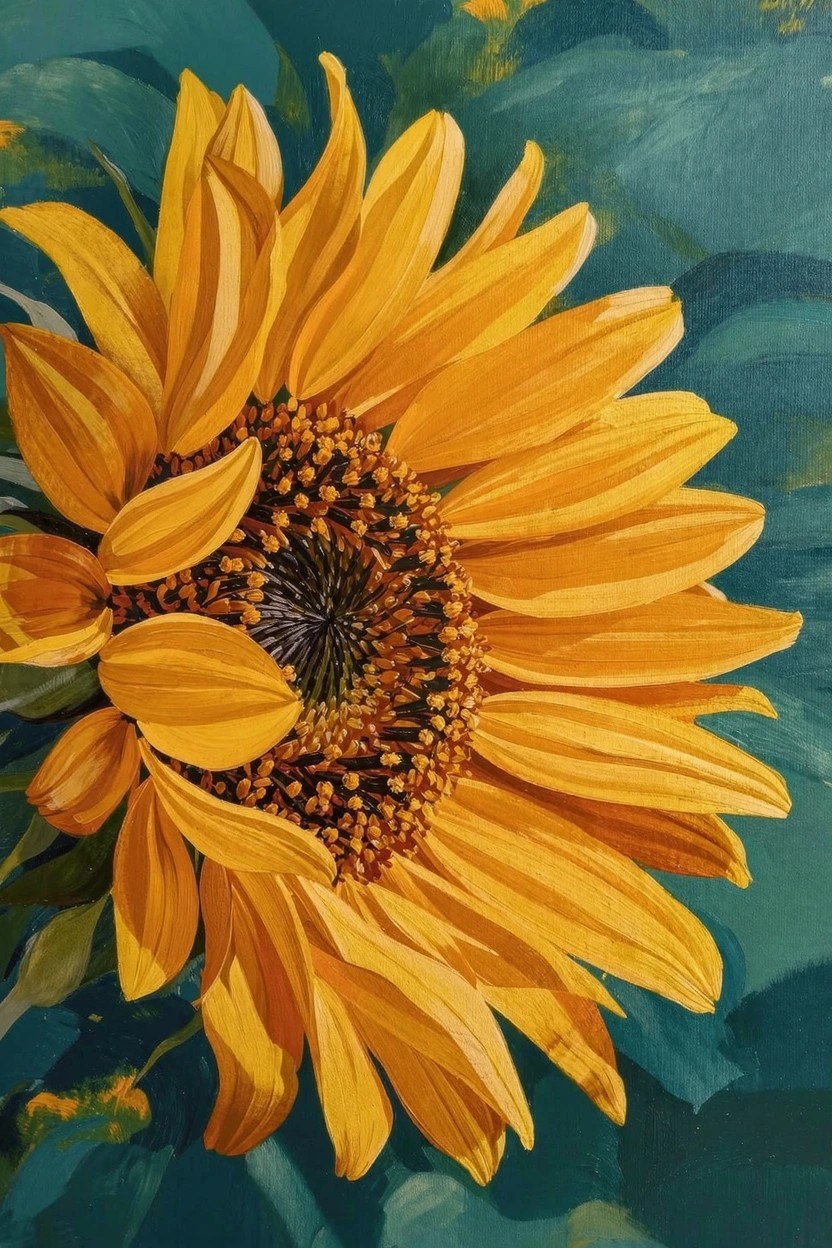 Acrylic painting of a large yellow sunflower centered against a teal background with visible brushstrokes on petals.