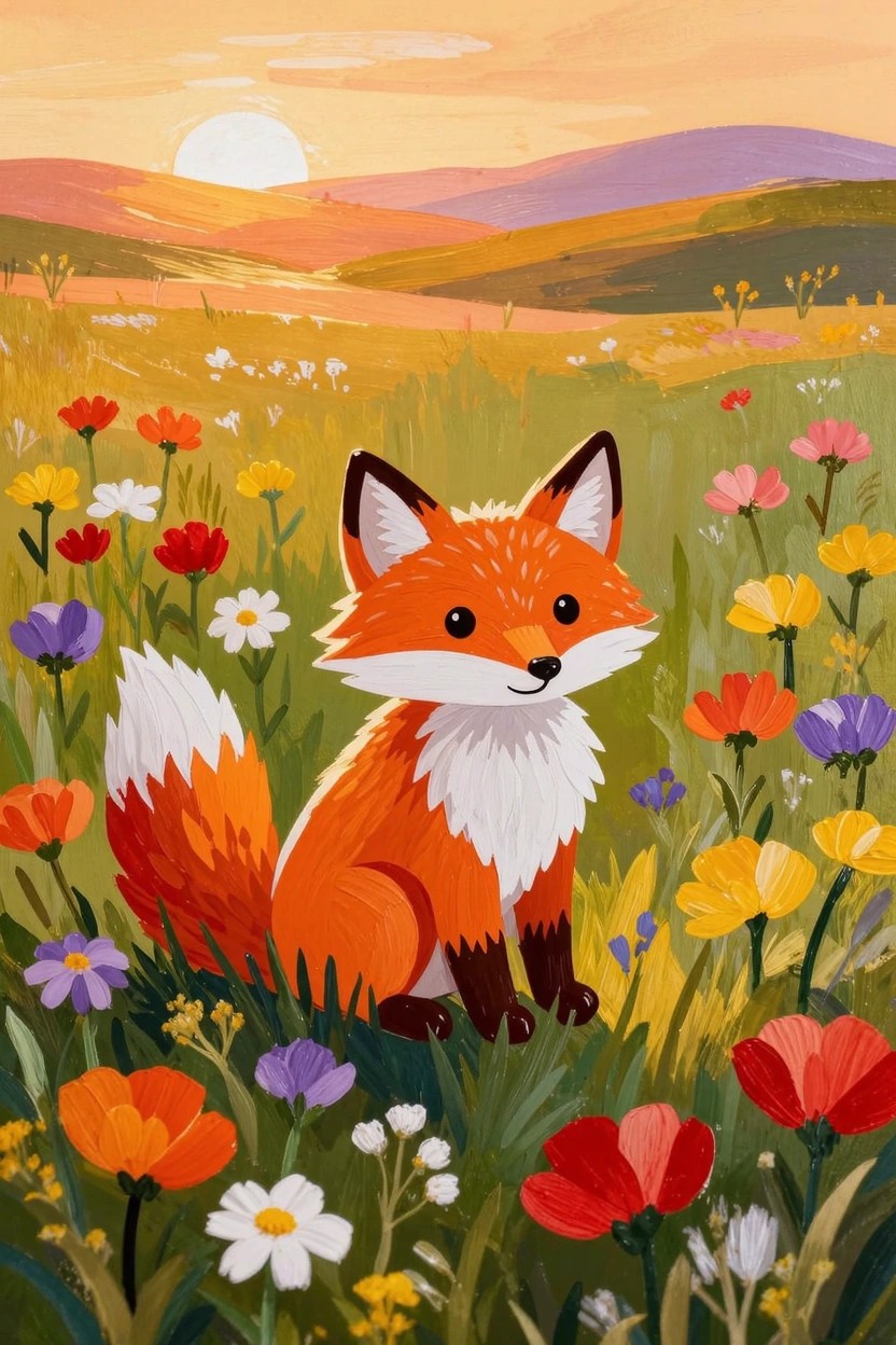 A cute orange fox sits in a colorful wildflower meadow with purple mountains and an orange sunset sky in the background.