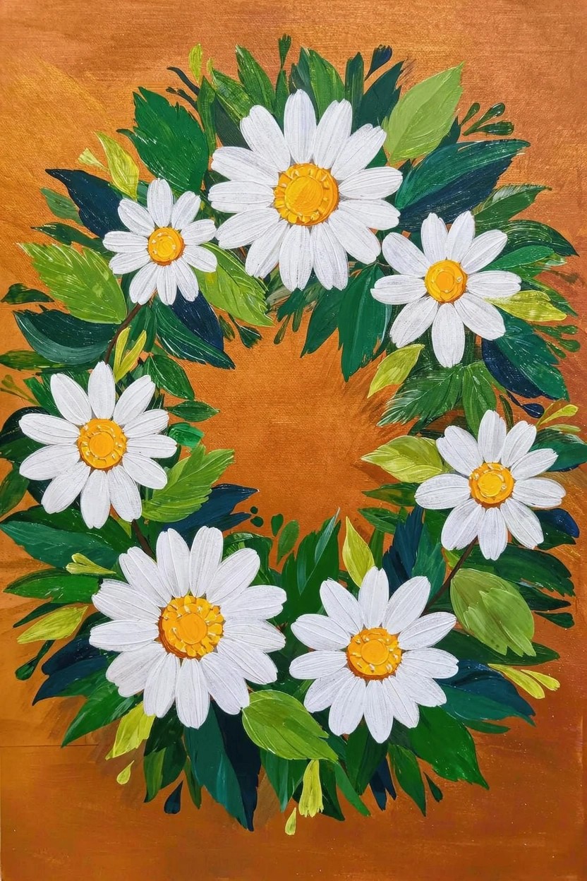 Acrylic painting of white daisies with yellow centers and green leaves forming a circular wreath on a gold-orange background.