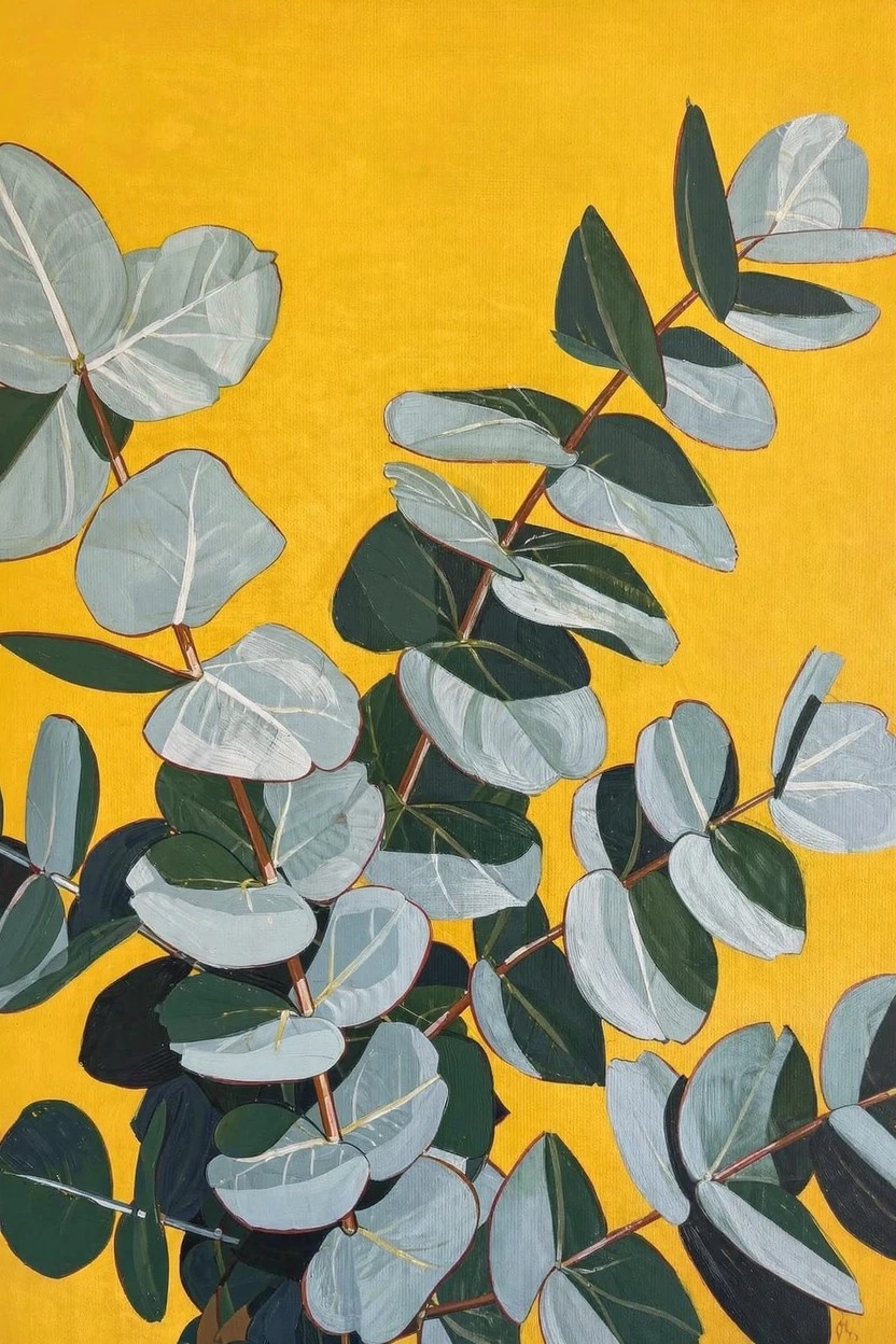 Acrylic painting of clustered silvery-green eucalyptus leaves with red stems on a bright yellow background.