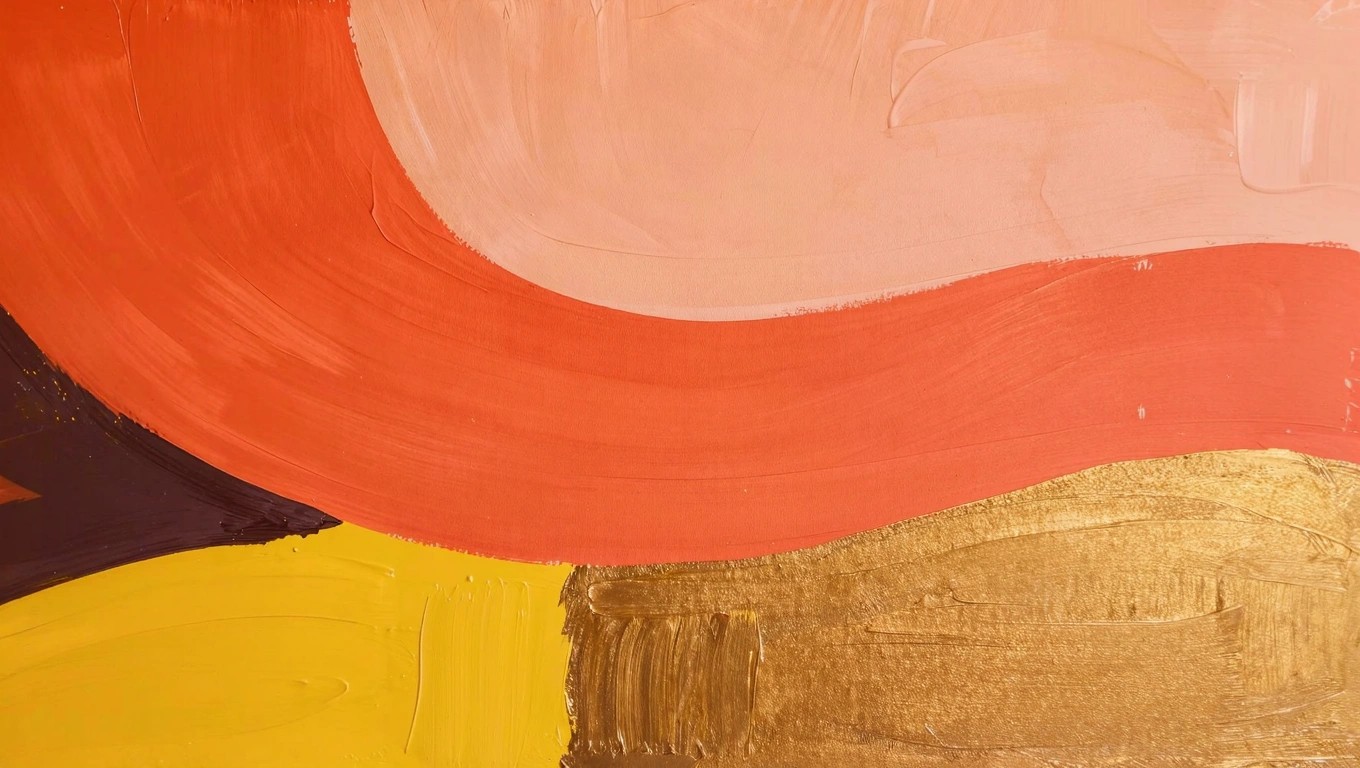 Acrylic painting of a yellow sun over pink water, orange sky with pink clouds, and textured golden foreground hills.