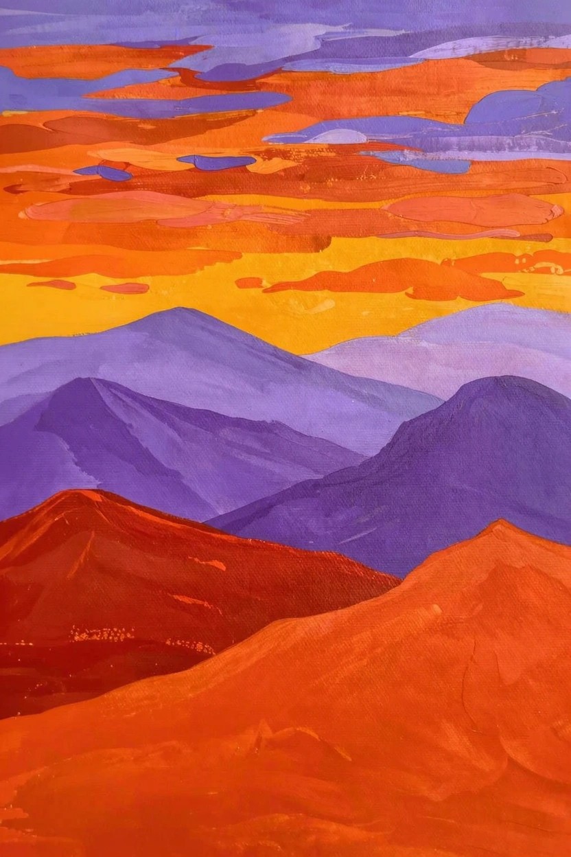 Acrylic painting of receding purple and red mountain layers beneath orange and purple sunset clouds.
