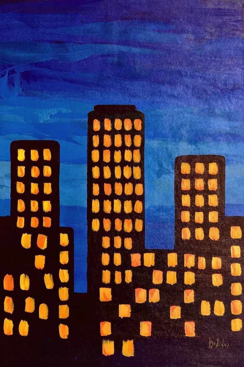 Acrylic painting of dark silhouetted skyscrapers with yellow glowing windows on a blue night sky background.