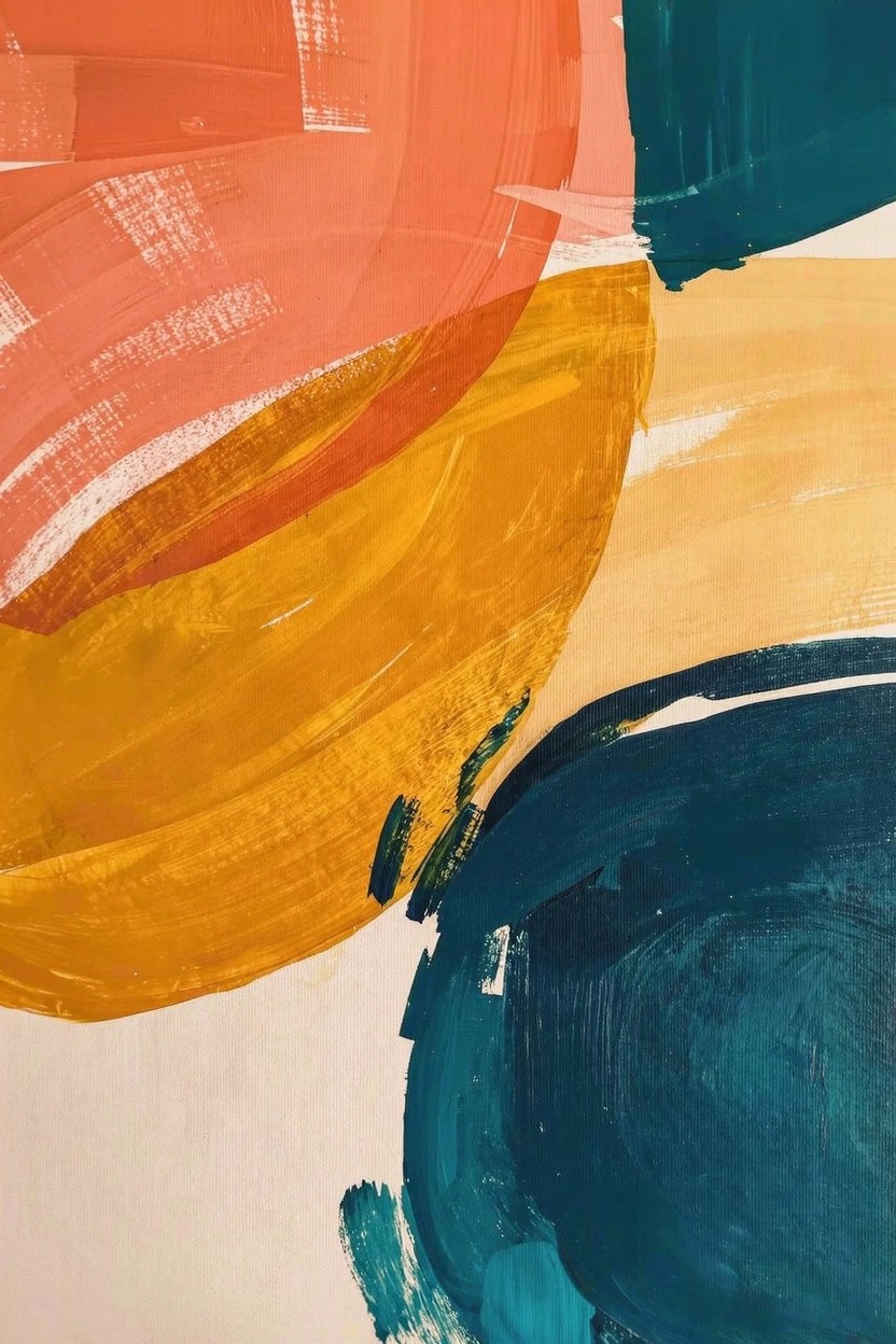 Abstract acrylic painting featuring overlapping circular shapes in orange, yellow, teal, and green on a white background with visible brushstrokes.