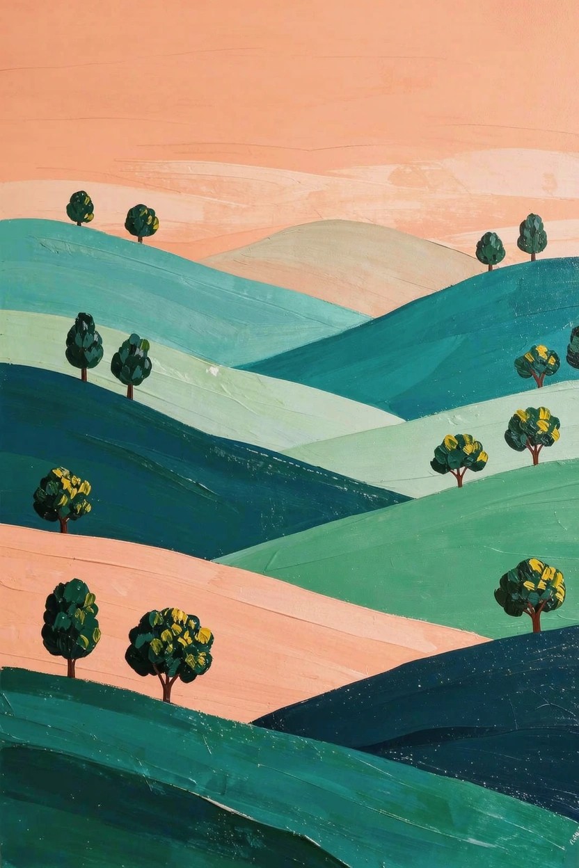 Acrylic painting of layered rolling hills in greens, teals, blues, and pinks with scattered trees featuring yellow leaves.
