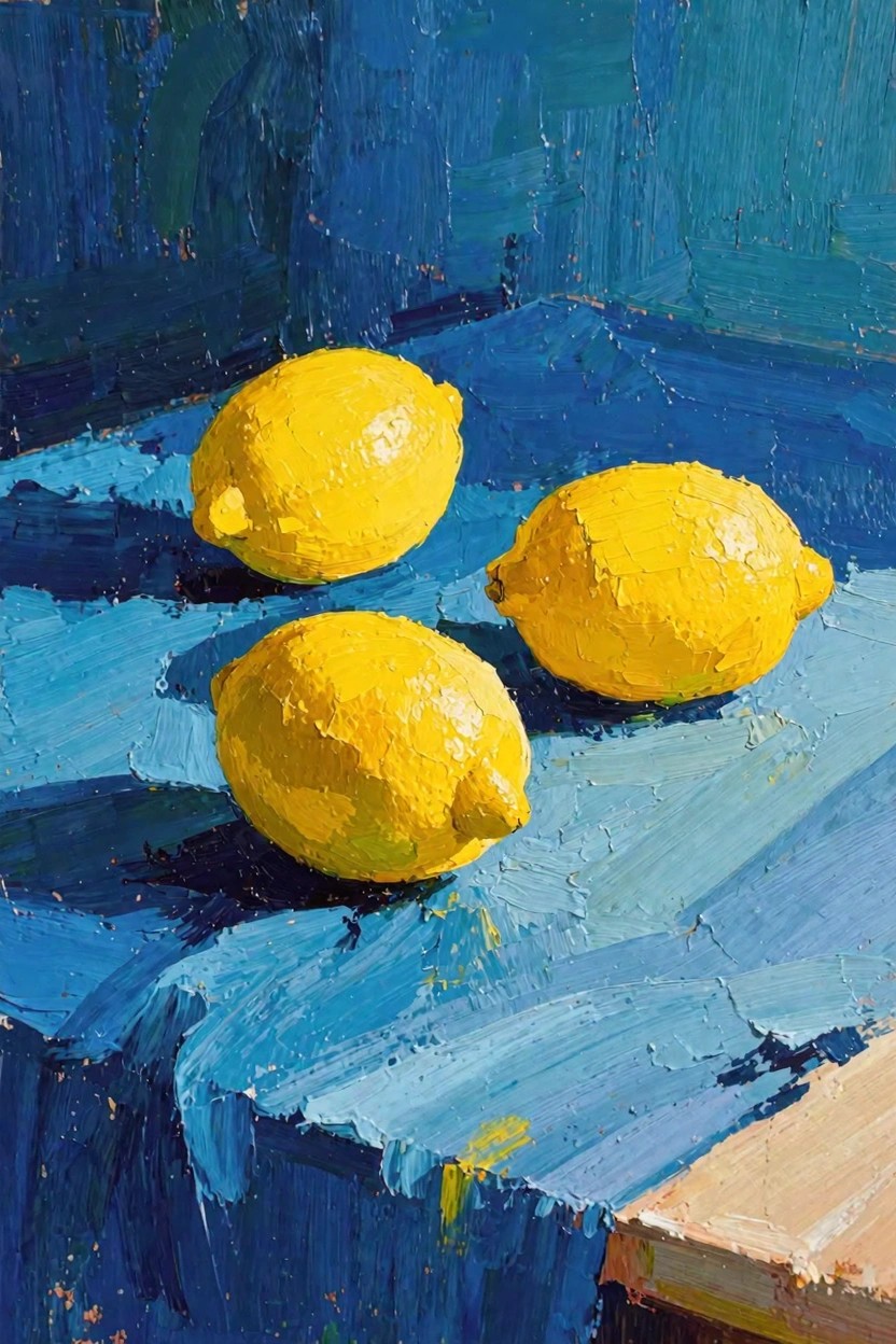 Three textured yellow lemons sit on a blue impasto background in a still life acrylic painting.
