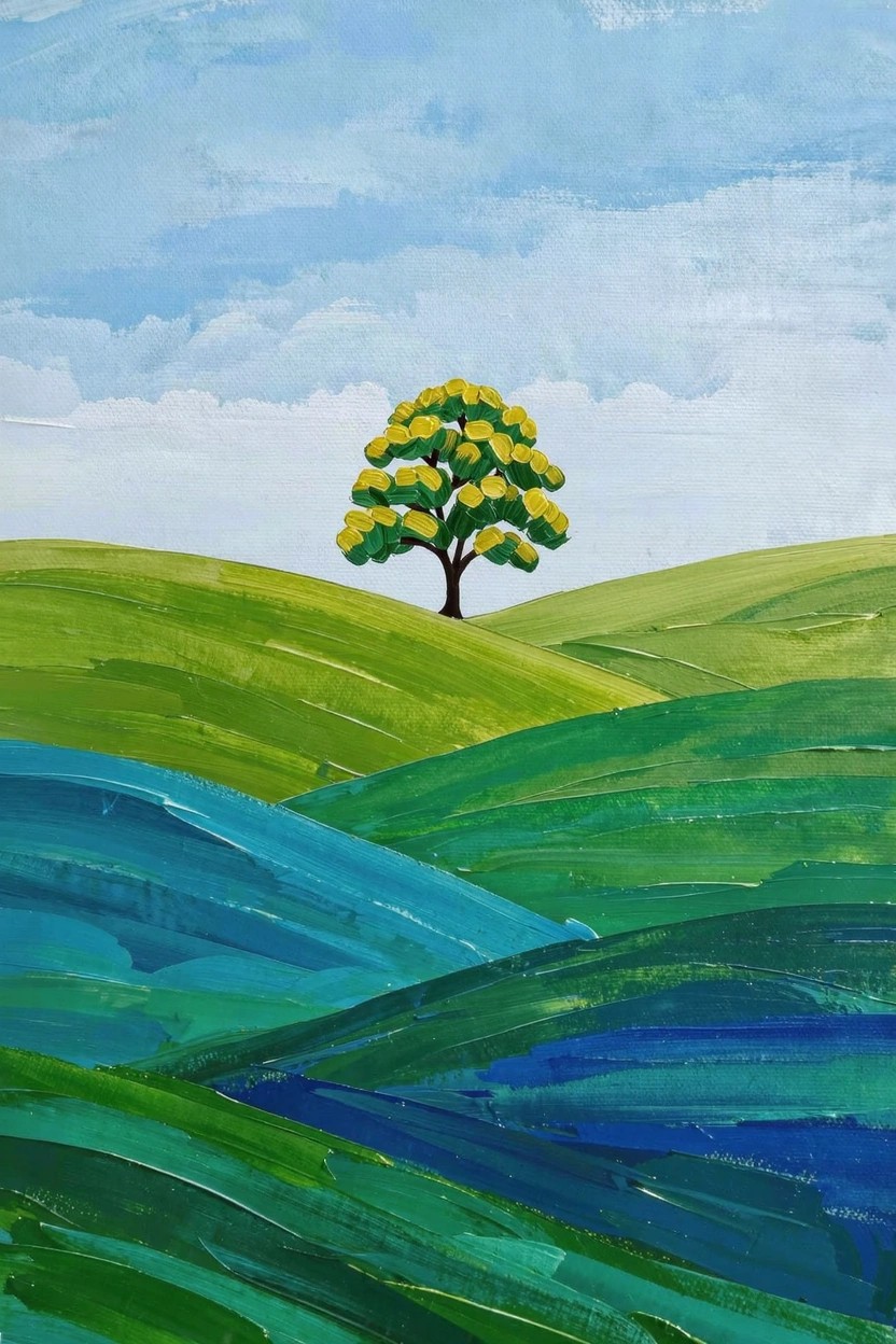 Acrylic painting of a bright yellow tree on a green hill amid rolling green and blue hills under a blue and white sky.