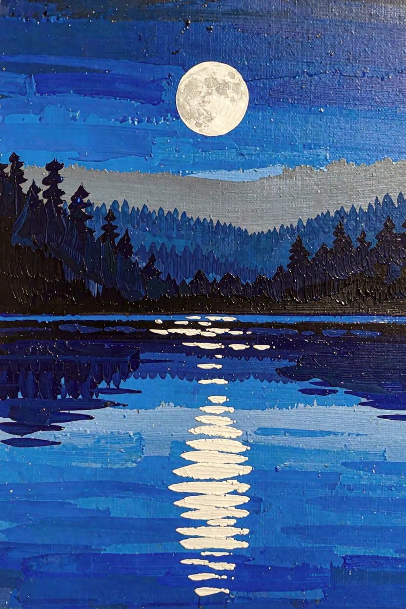 Acrylic painting of a bright full moon reflecting in a streak across a dark blue lake, with black silhouetted pine trees, forested mountains, and textured blue night sky.