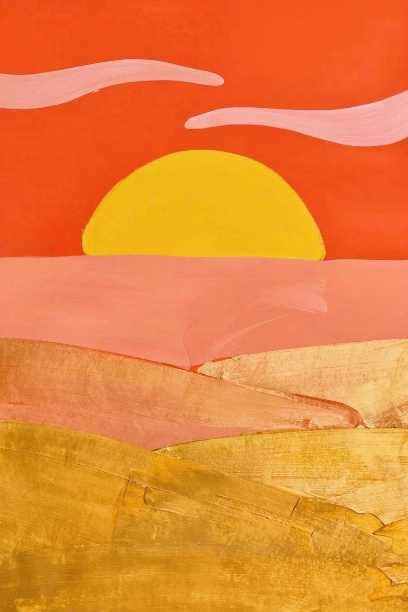 Acrylic painting of a yellow sun over pink water, orange sky with pink clouds, and textured golden foreground hills.