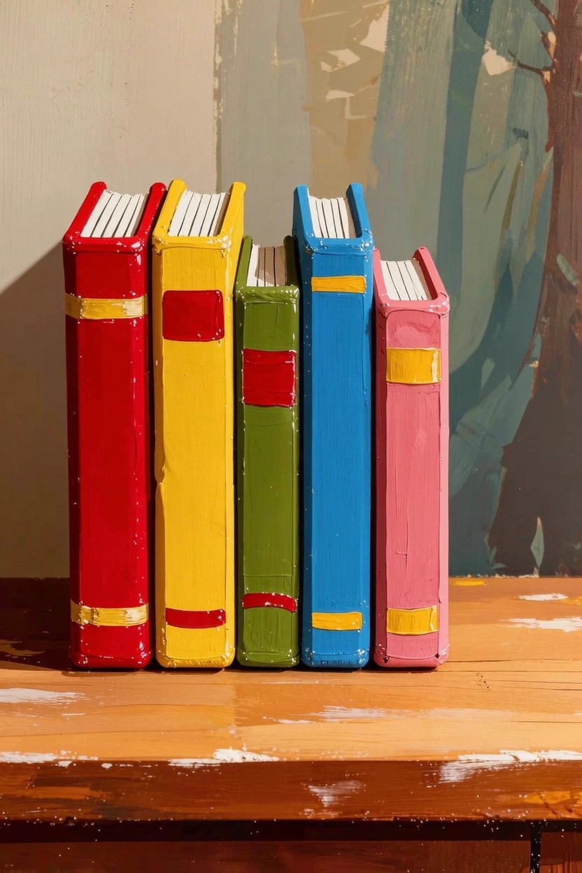Colorful upright books in red, yellow, green, blue, and pink stand on a textured wooden table against an abstract green and blue wall background.