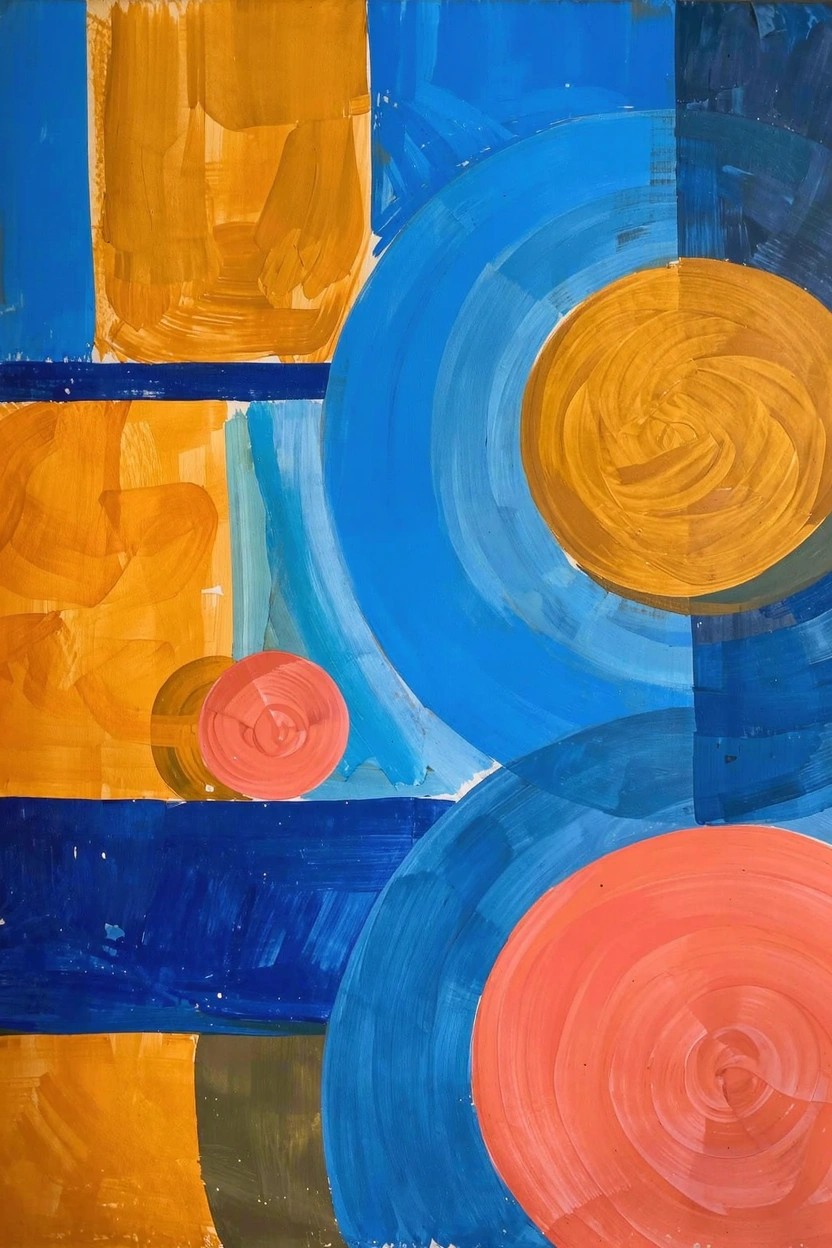 Abstract acrylic painting with overlapping blue rectangles, orange and yellow circles, pink accents, and green highlights on a textured background.