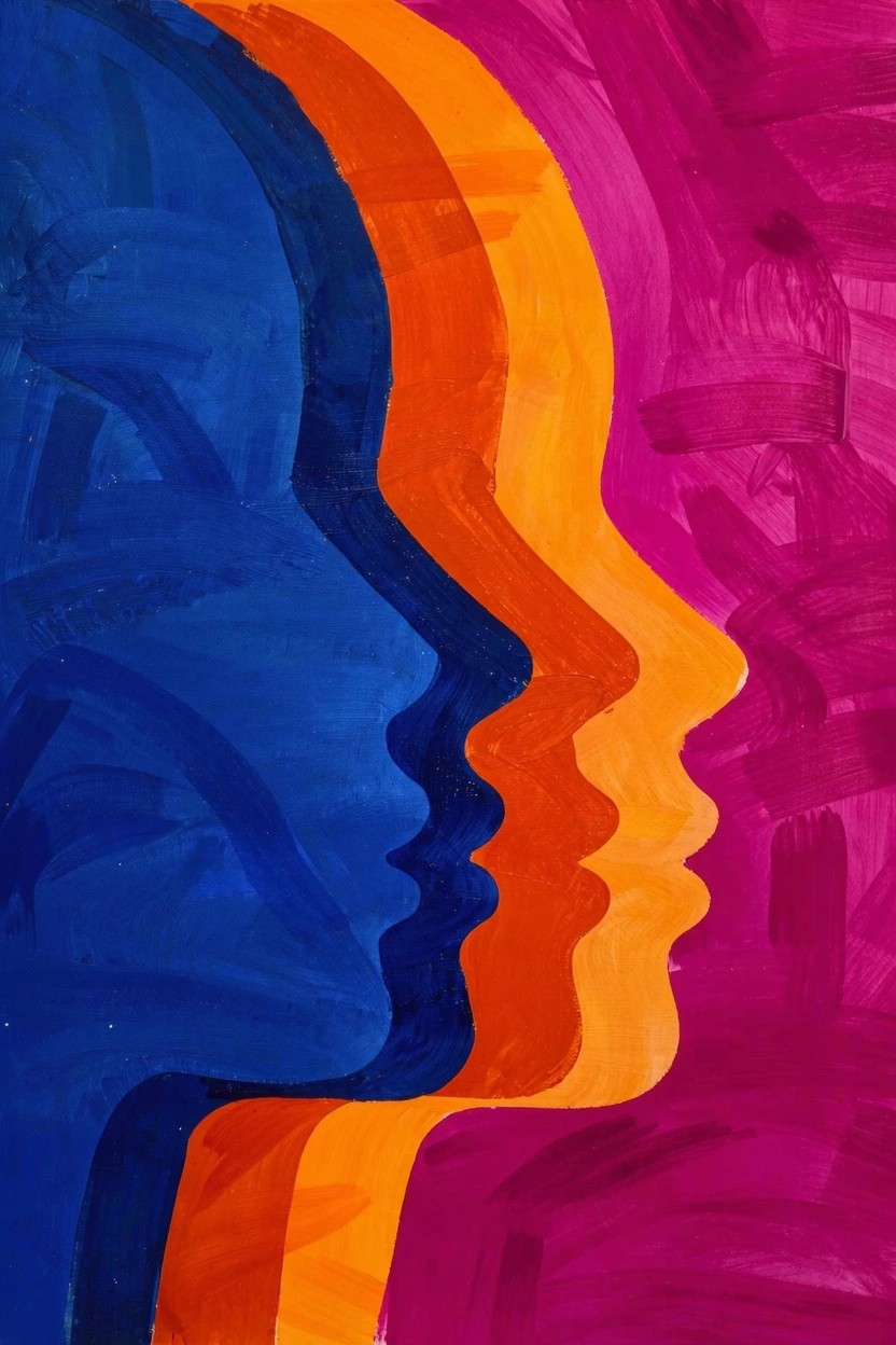 Acrylic painting of three overlapping profile face silhouettes in blue, orange, and magenta with painterly brushstrokes.