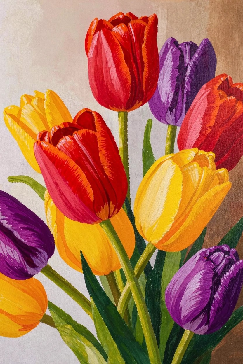 Acrylic painting of a bouquet of red, purple, yellow, and orange tulips with green stems on a beige background.