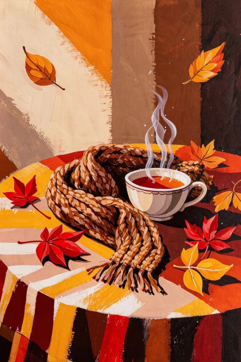 Acrylic still life painting of a steaming teacup with knit scarf draped around it, autumn leaves on a striped table, and floating leaves in the background.