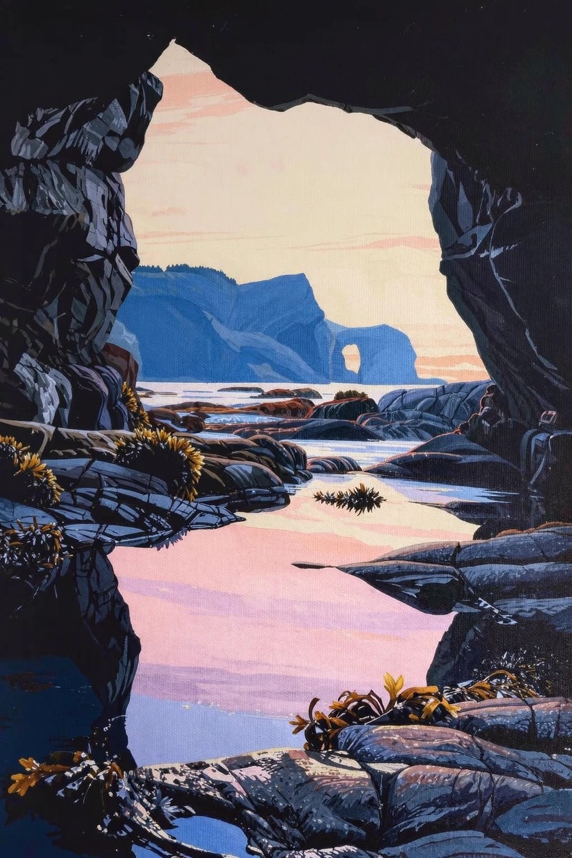 Acrylic painting idea of a coastal sunset viewed from inside a dark cave opening, showing distant cliffs, ocean, tidal pools with sky reflections, and rocky seaweed foreground.