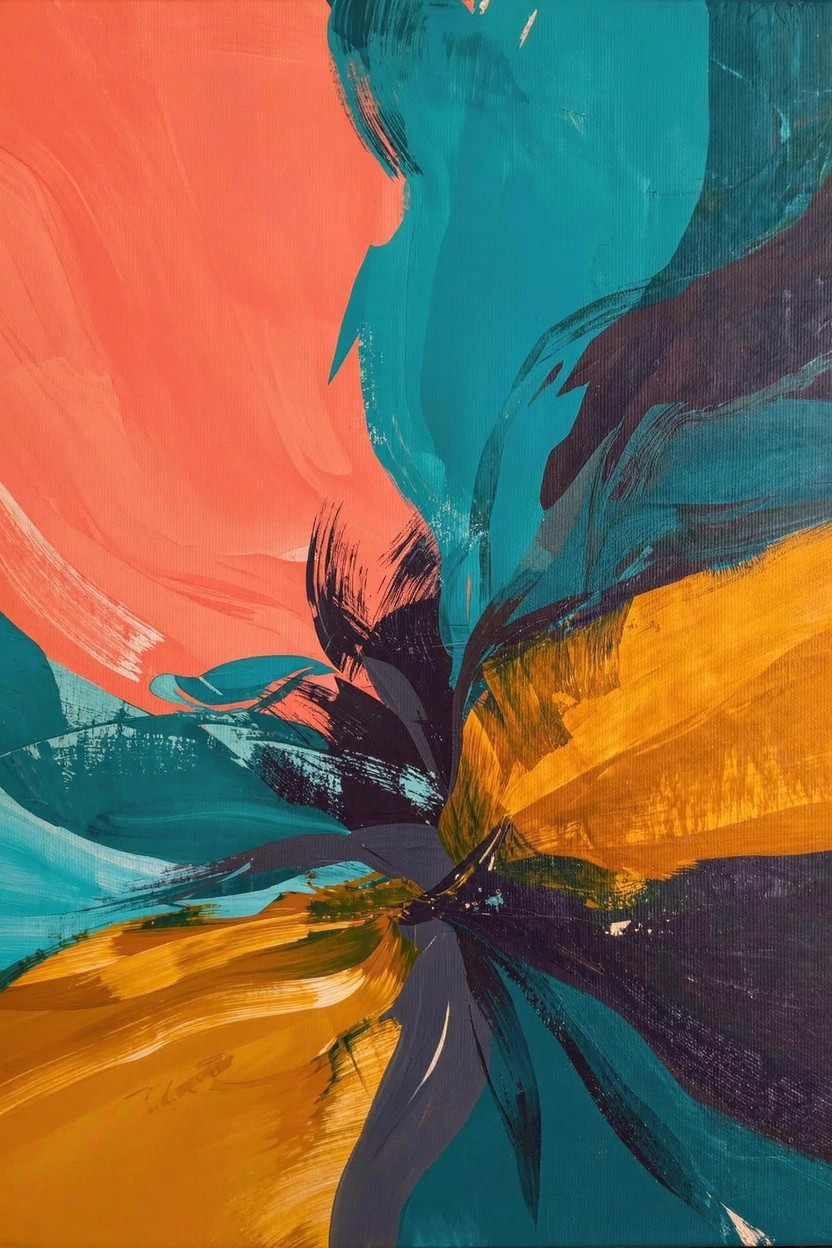 Abstract acrylic painting featuring swirling orange, turquoise, yellow, purple, and black shapes exploding from the center on a textured canvas.
