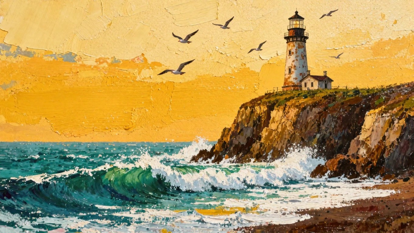 Acrylic painting of a white lighthouse with red roof on orange cliffs overlooking turquoise waves under a yellow-orange sunset sky with seagulls.