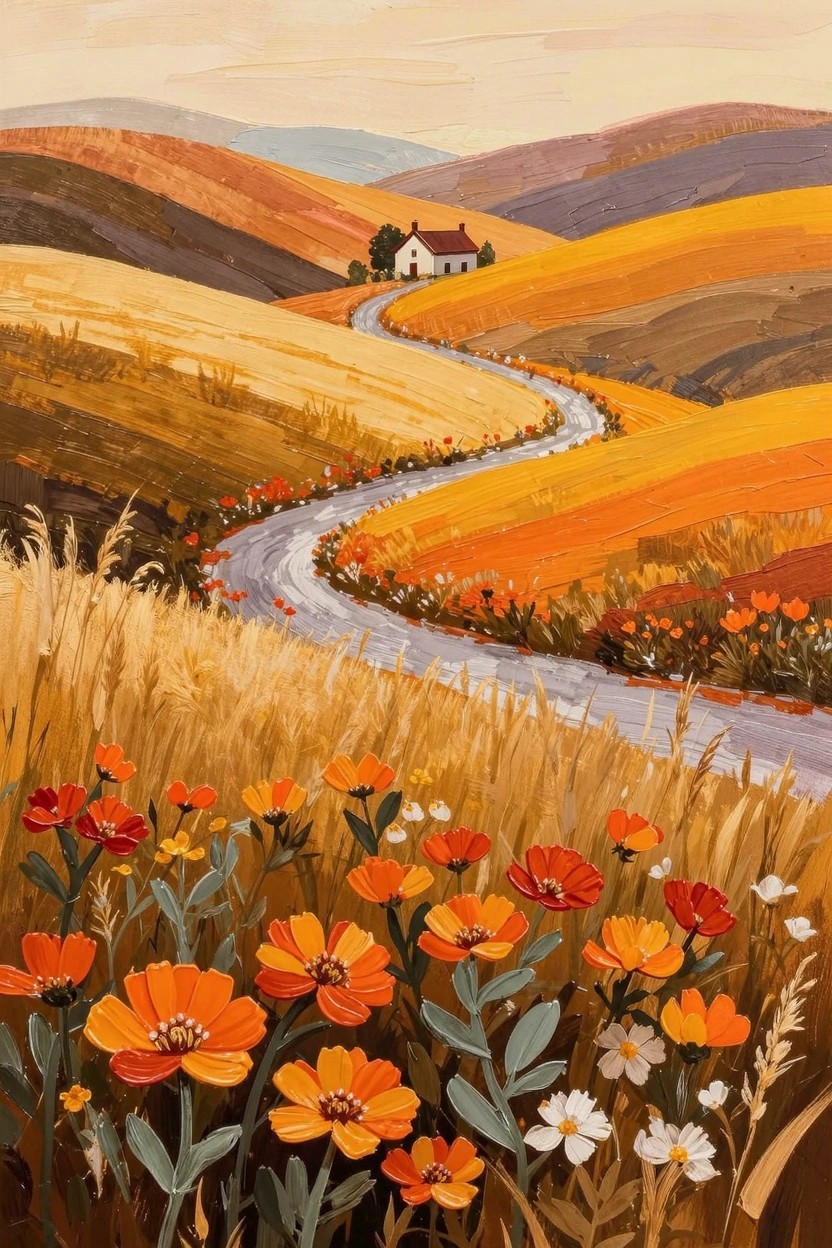 Vibrant acrylic landscape of orange and gold rolling hills with a white winding road to a distant house, foreground grasses and red-orange wildflowers.