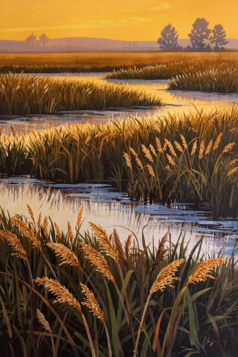 Acrylic painting of golden reeds and waterways in a marsh under a sunset sky with distant trees.