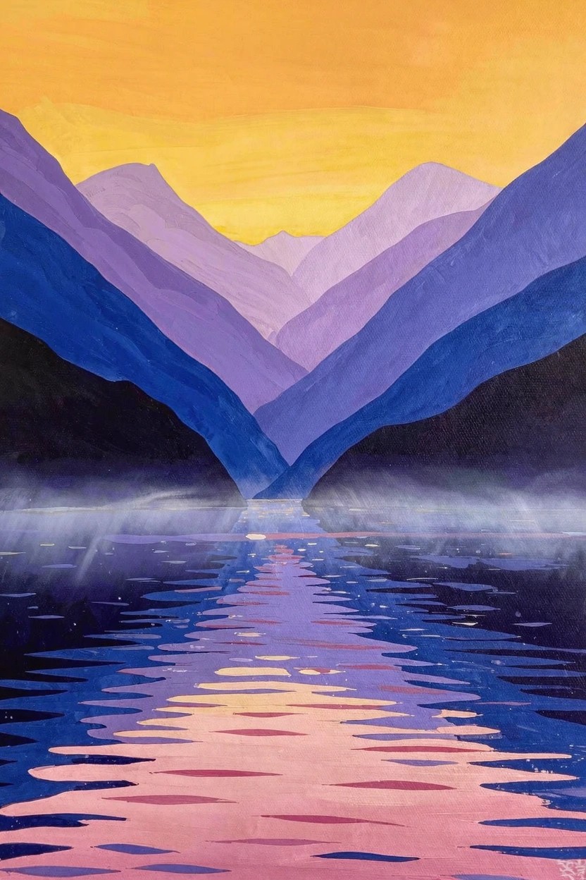 Acrylic painting of receding purple-blue mountains, orange sunset sky, misty valley, and reflective lake in the foreground.