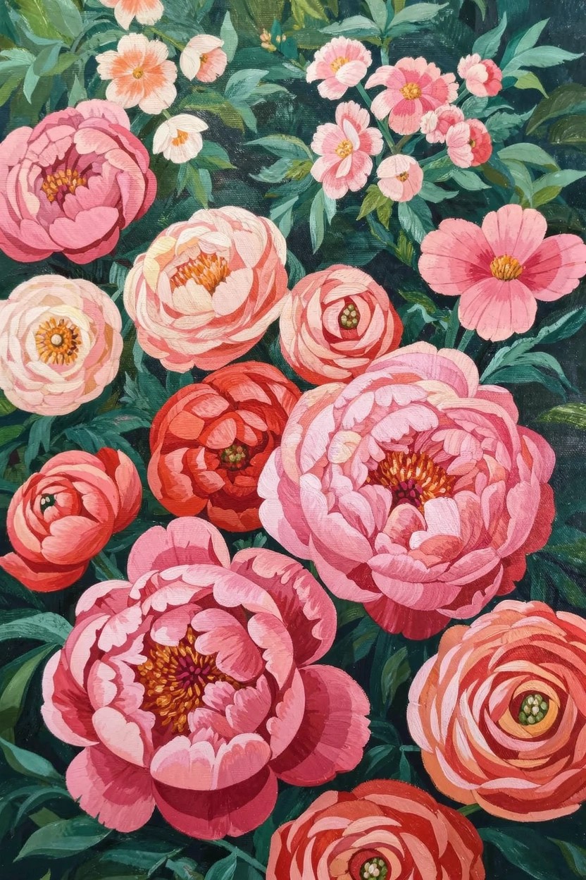 Acrylic painting of clustered peonies in shades of pink and red amid green leaves.