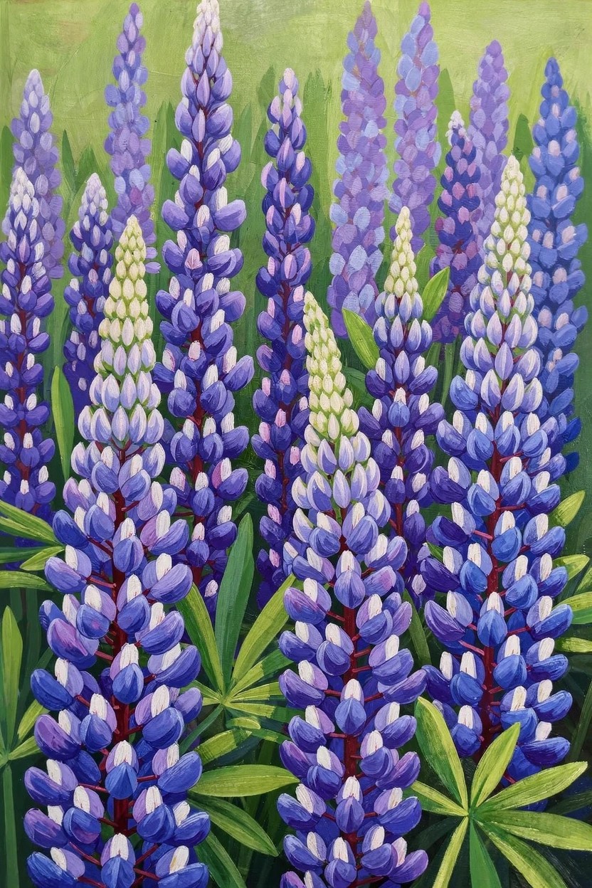 Acrylic painting of clustered tall purple and white lupine flower spikes with green leaves against a green background.