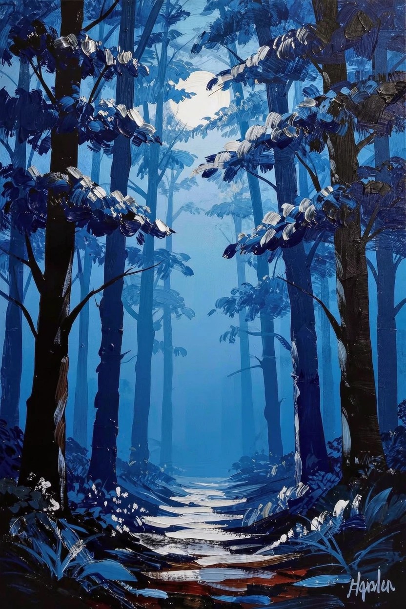 Acrylic painting of tall dark blue trees with snowy branches framing a moonlit path through a foggy forest.