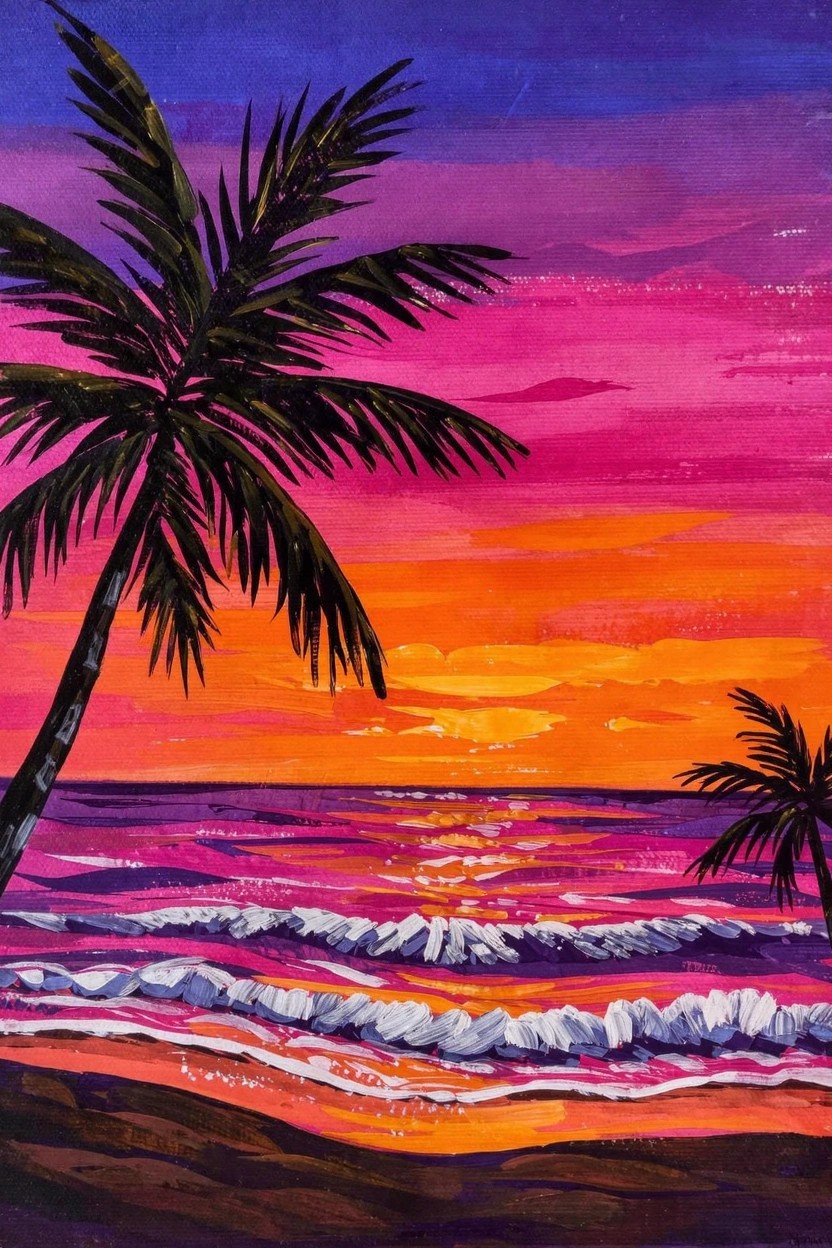 Vibrant acrylic painting of silhouetted palm trees on a beach at sunset with purple-to-orange sky, colorful ocean waves, and sand.
