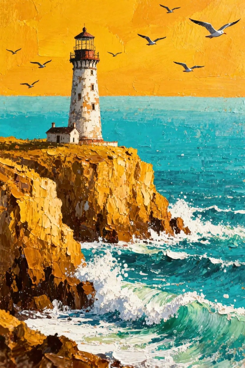 Acrylic painting of a white lighthouse with red roof on orange cliffs overlooking turquoise waves under a yellow-orange sunset sky with seagulls.