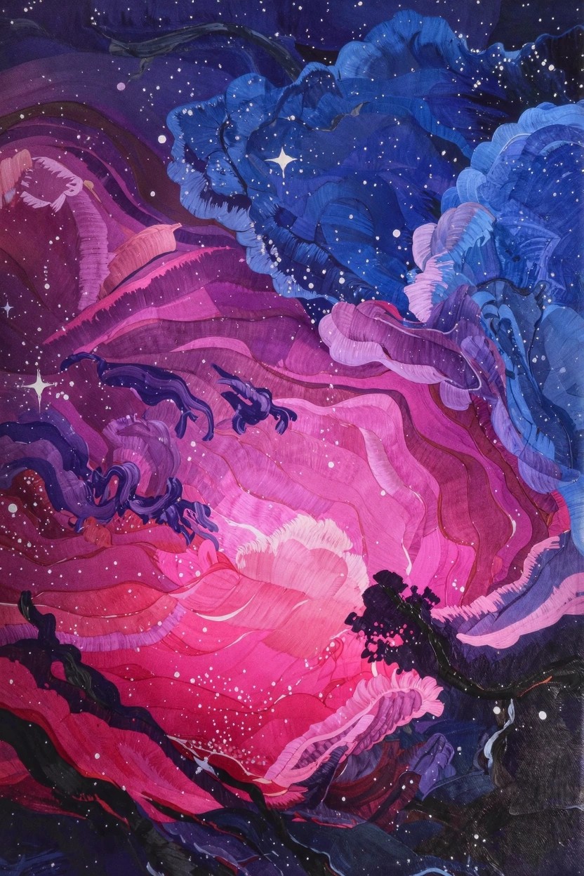 Abstract acrylic painting featuring swirling pink, purple, and blue nebula clouds with embedded dragon shapes, stars, and a dark branch against a starry black space background.