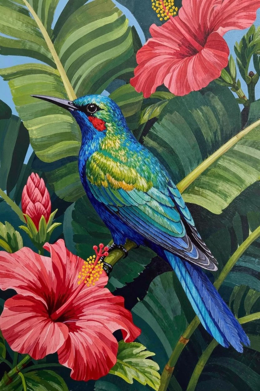 Acrylic painting of a turquoise and green bird on a branch with large green leaves and red hibiscus flowers against a blue background.