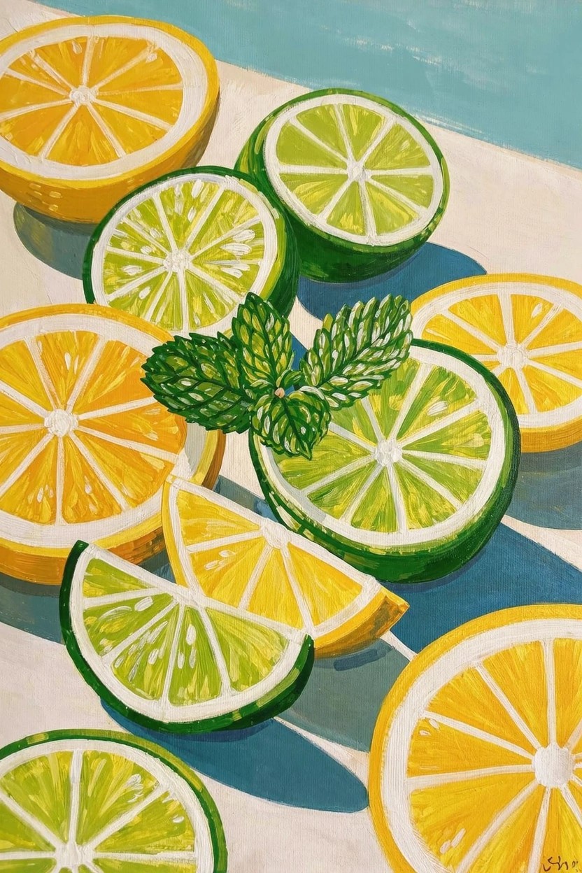 Acrylic painting of sliced oranges, whole and halved limes, and mint leaves arranged on a white surface with blue shadows.