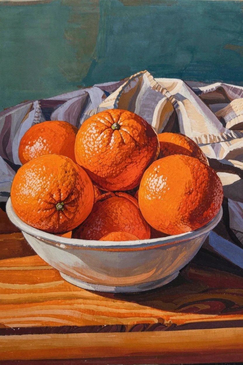 Acrylic still life painting of oranges in a white bowl on a wooden table with draped cloth and teal background.