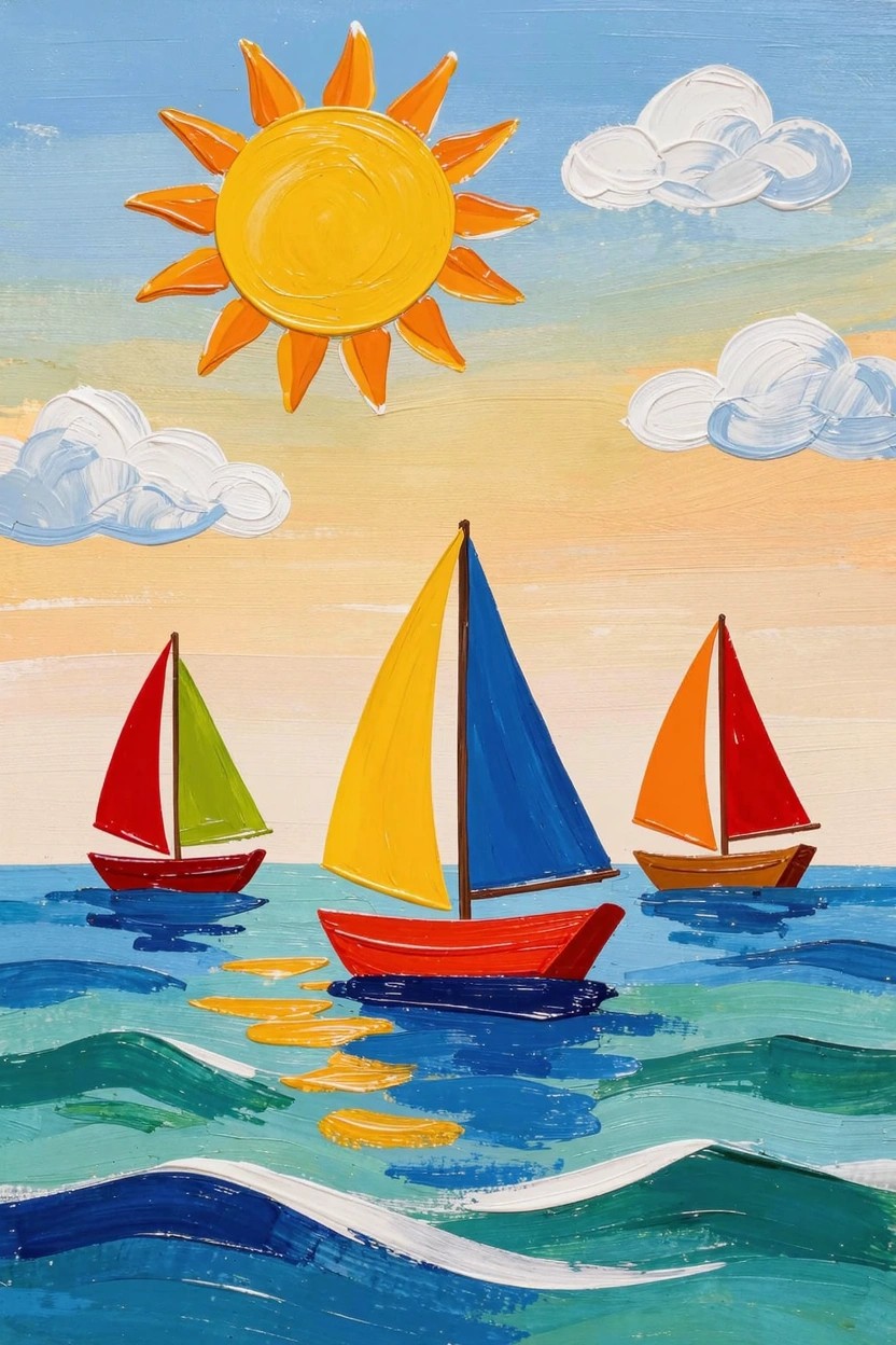 Acrylic painting of three colorful sailboats on blue-green waves under a yellow sun, white clouds, and blue-orange sky.