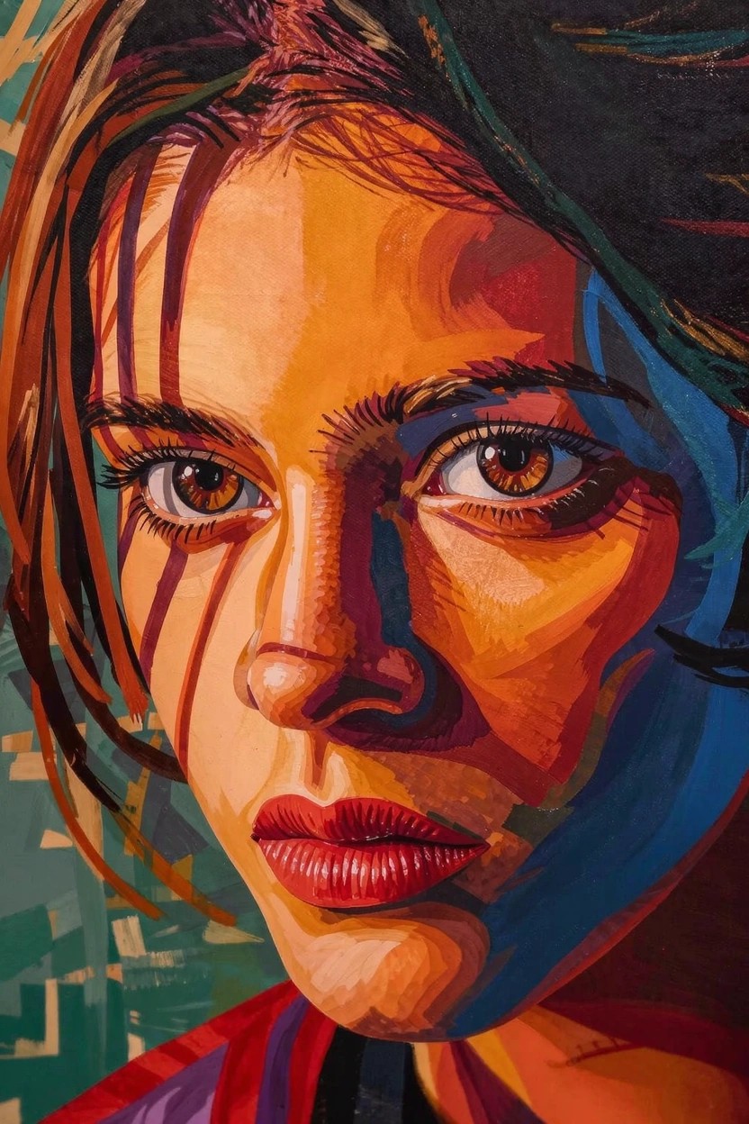Close-up acrylic portrait of a woman with orange-yellow face tones, red lips, and green-blue background.