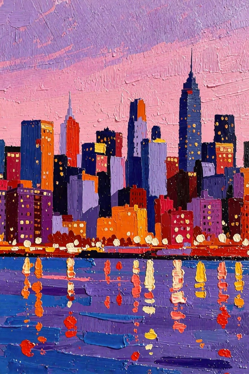 Acrylic painting of a New York-style city skyline in purples, pinks, and oranges reflected in blue water at dusk with textured brushstrokes.