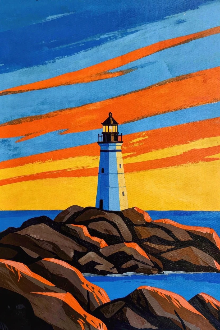 Stylized acrylic painting of a white lighthouse on orange rocks by blue water under layered orange-blue-yellow sunset sky.