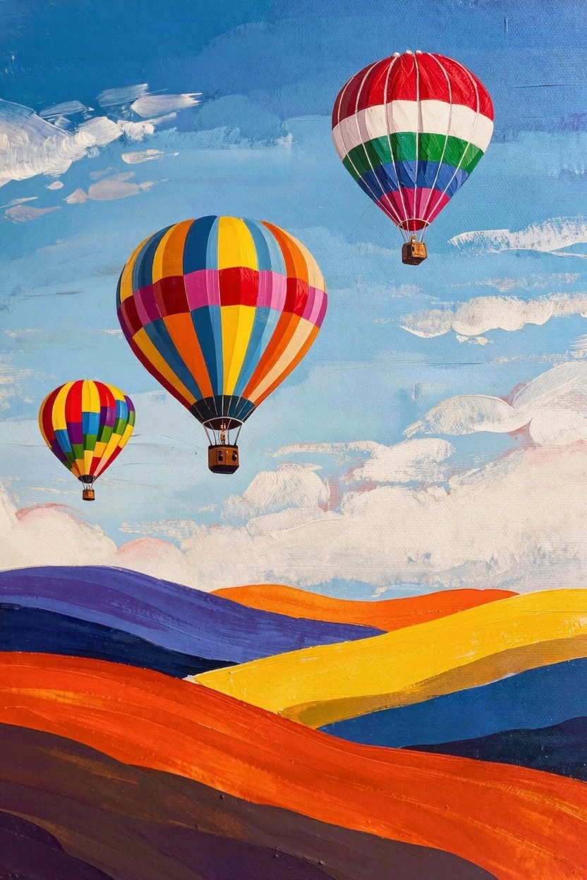 Acrylic painting of striped hot air balloons floating over multicolored rolling hills under a blue sky with clouds.