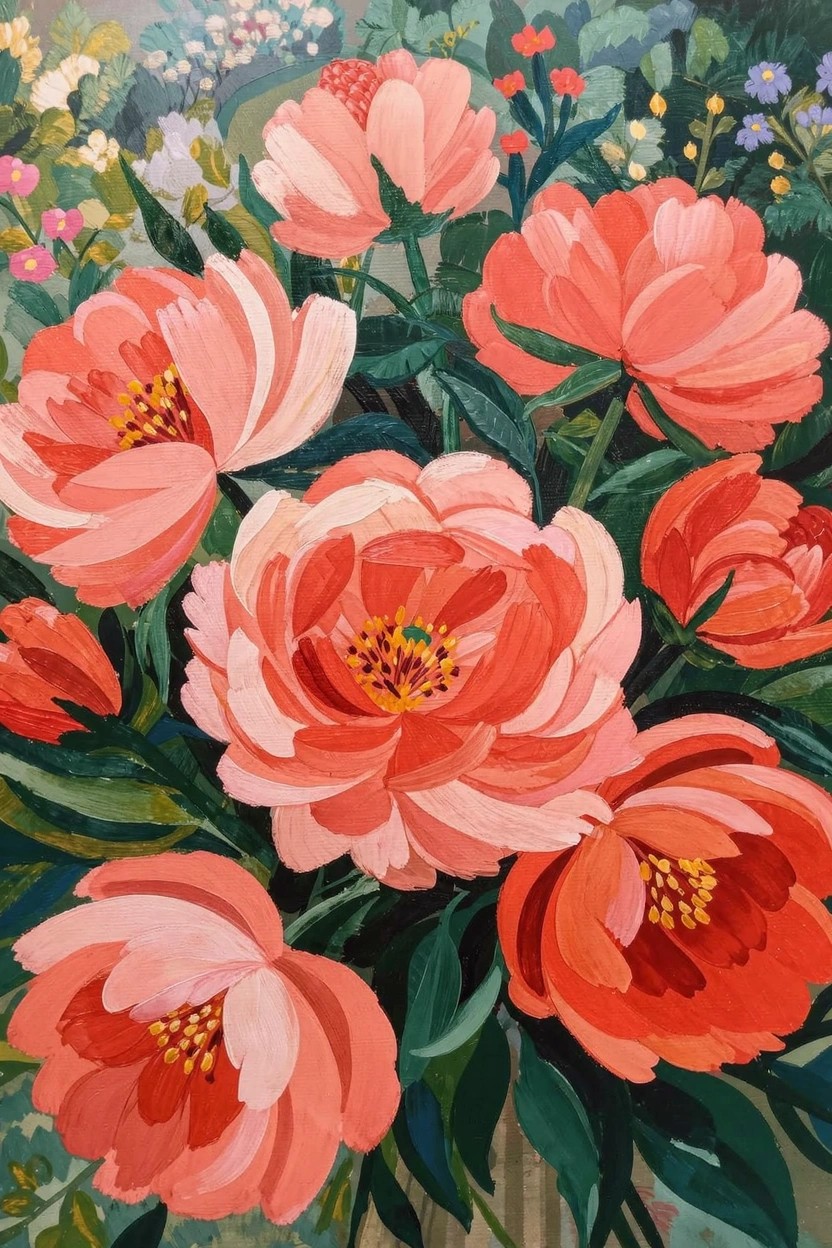 Close-up acrylic painting of overlapping coral and pink peony flowers with green leaves and stems against a blurred greenish background.