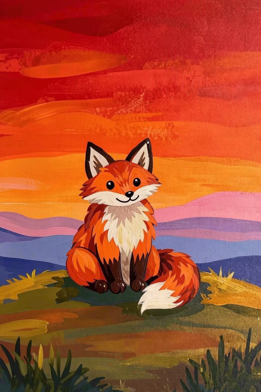 Acrylic painting of a cute orange fox sitting on green grass atop a hill, with purple mountains and a gradient sunset sky in reds, oranges, pinks, and purples.