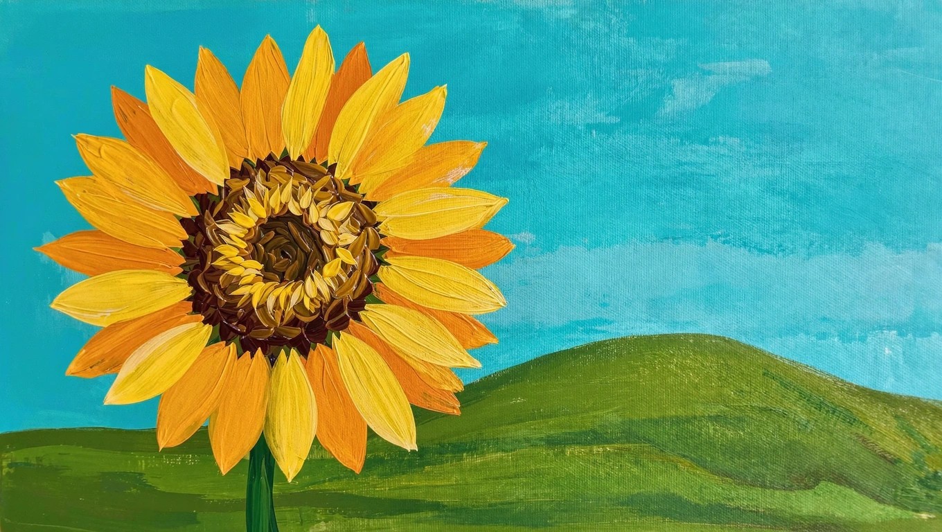 Acrylic painting featuring a large yellow sunflower in the foreground with green rolling hills, fields, and a blue sky behind it.