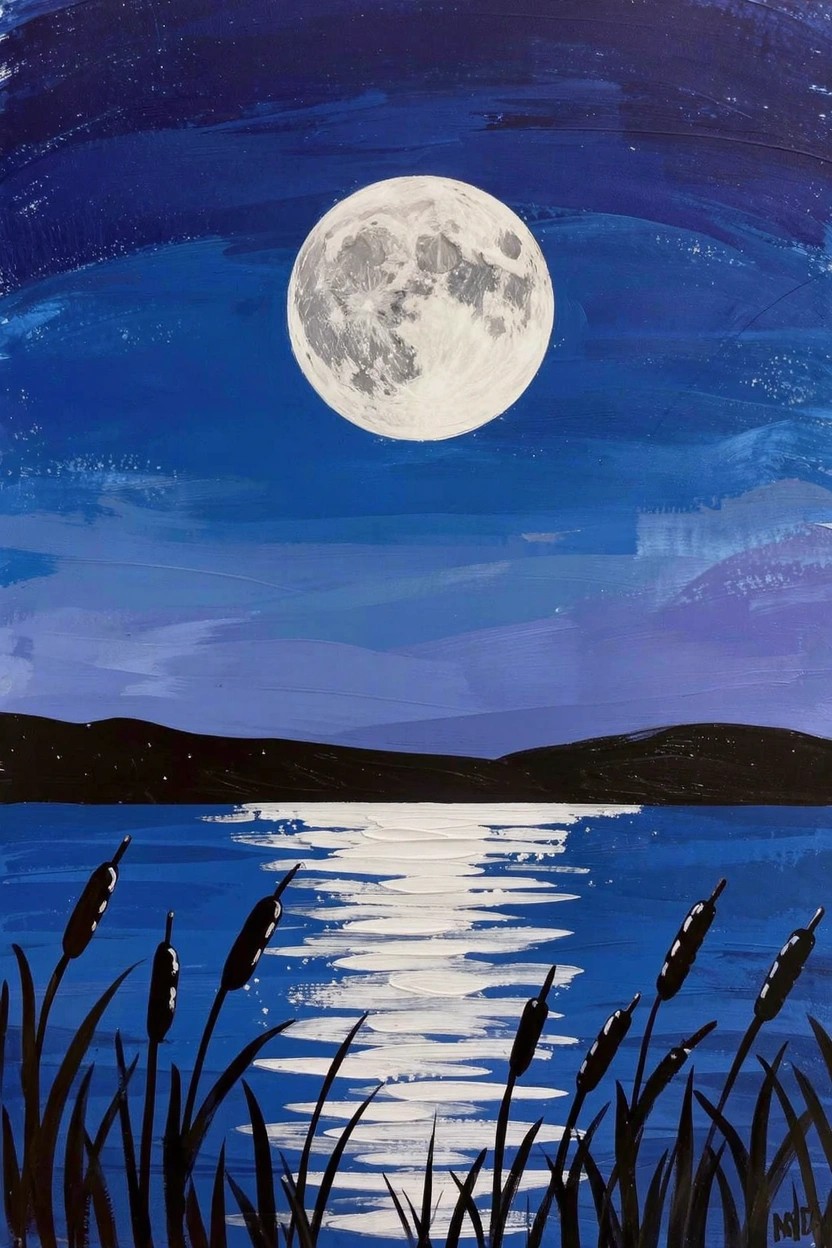 Acrylic painting of a bright full moon in a deep blue night sky reflecting on a dark lake, with black silhouetted reeds in the foreground and distant hills.