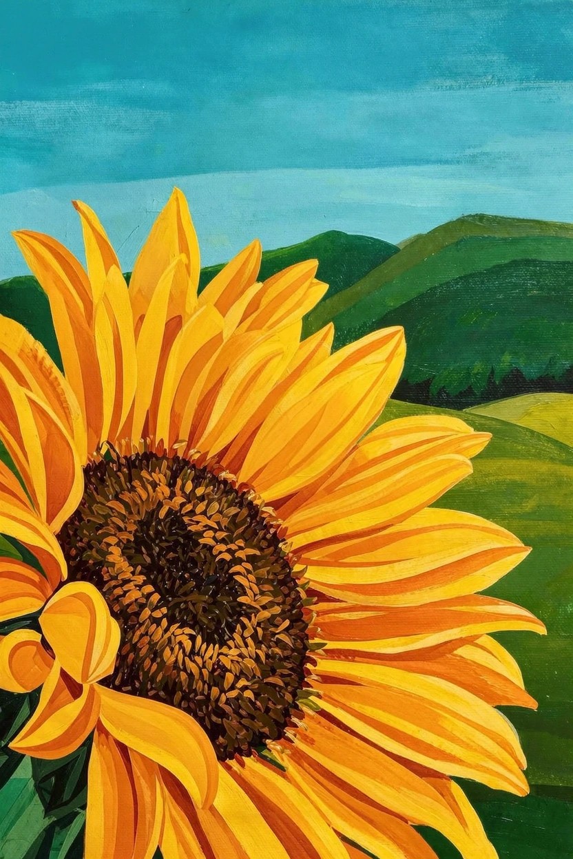 Acrylic painting featuring a large yellow sunflower in the foreground with green rolling hills, fields, and a blue sky behind it.