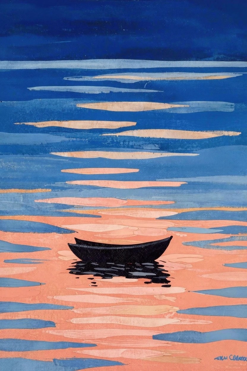Acrylic painting of a black boat centered on calm water with layered orange, pink, and blue sunset reflections.