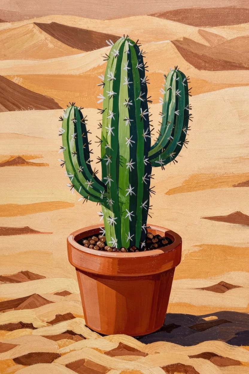 Acrylic painting of a green spiny cactus in a terracotta pot set on stylized orange sand dunes.