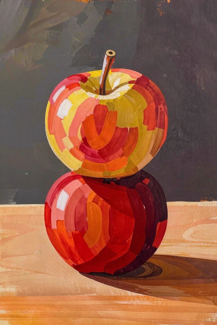 Acrylic painting of two stacked apples in bold faceted red and yellow blocks on a wooden surface against a dark background.