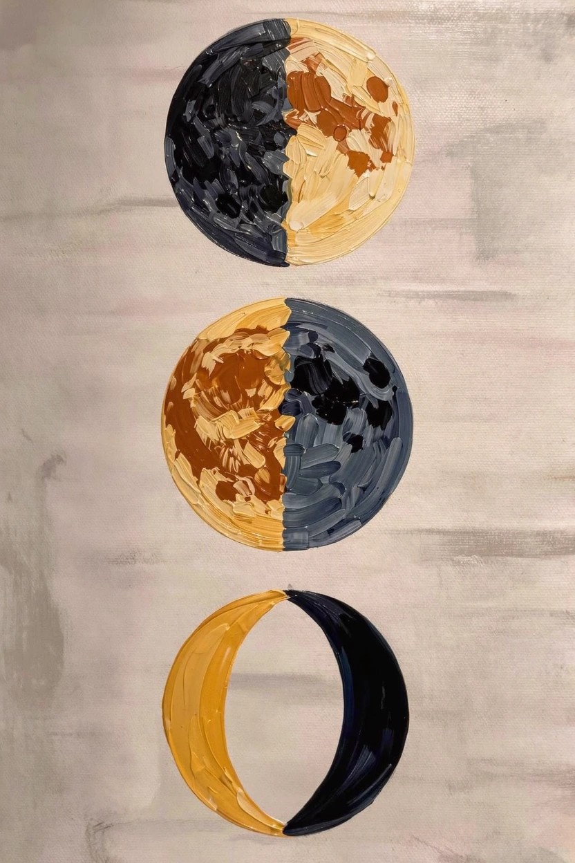 Three vertically stacked circular moons in waxing phases, split in black, orange, yellow, and blue on a light gray background.