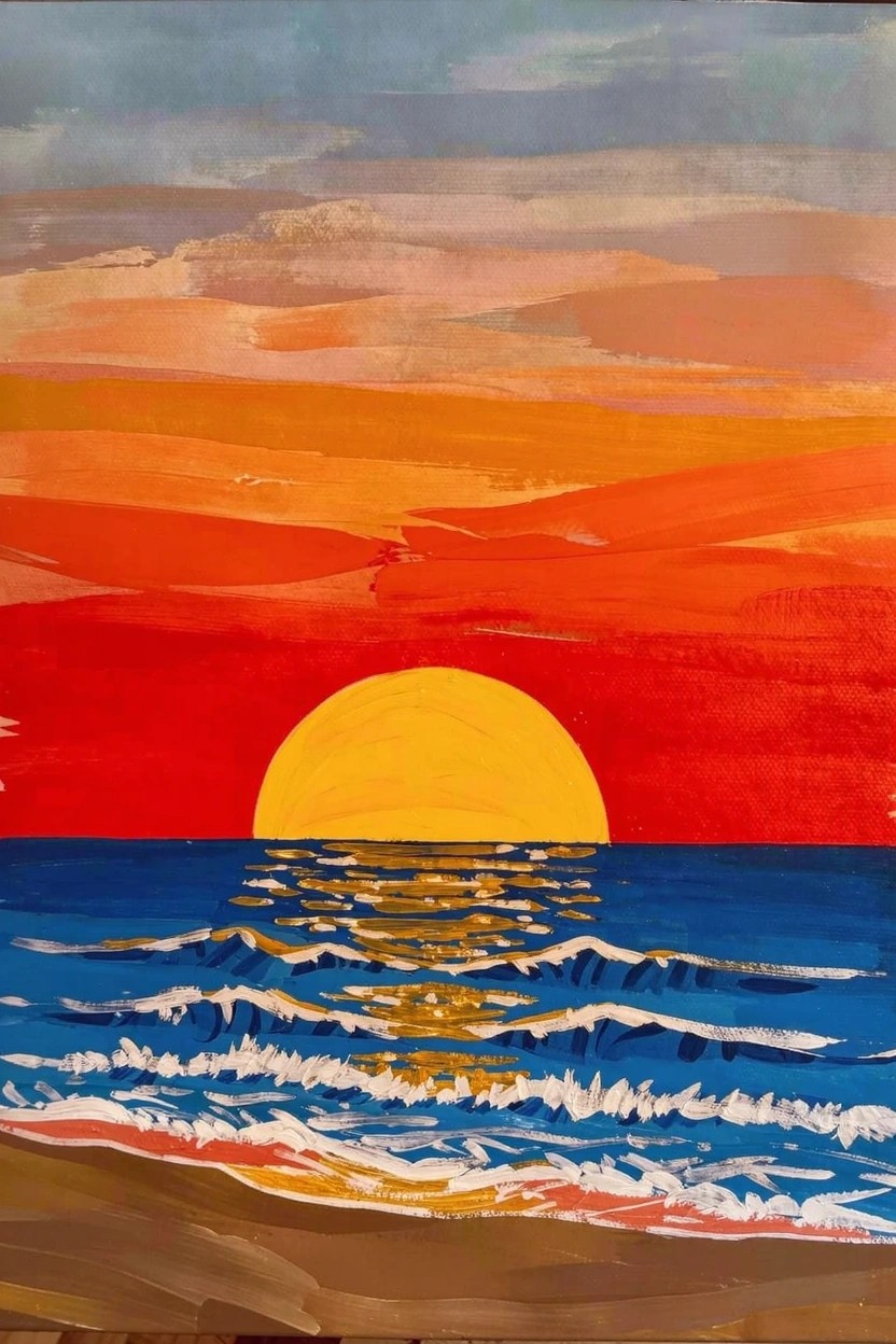 Acrylic painting of a yellow sun setting on the ocean horizon with orange-red sky gradients, blue waves showing gold reflections, and beige beach in the foreground.